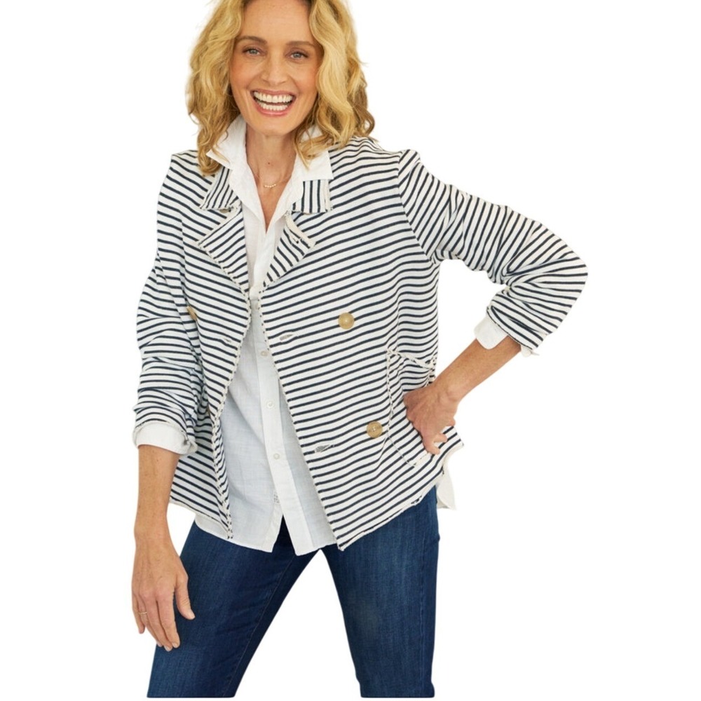 Frank & Eileen Striped Knit Blazer Jacket Cotton Navy Blue White Nautical